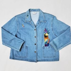 Vintage Color Me Cotton Painted Denim Leaves Fall Jacket Size Medium USA Padded